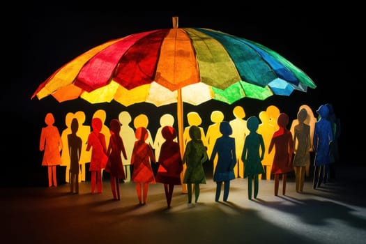 This vibrant image features colorful paper cutout people standing together under a rainbow umbrella, symbolizing diversity and unity in a creative and cheerful way.
