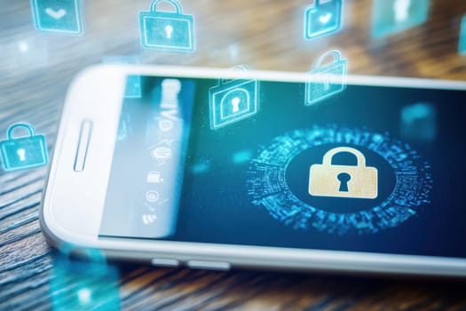 Close-up of a smartphone displaying a secure payment confirmation with a digital lock icon, emphasizing technology, protection, and security in online transactions.