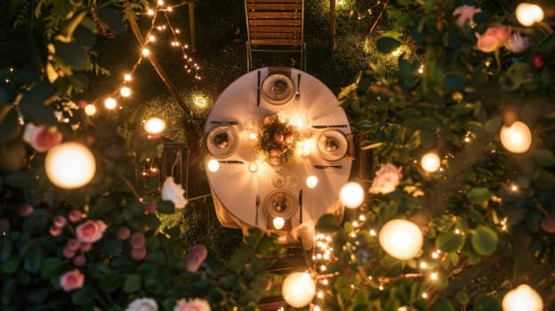 A romantic dinner setup with fairy lights and flowers, captured from a high angle
