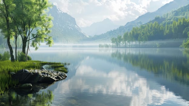 A serene lake with a mountain in the background. The water is calm and the sky is cloudy