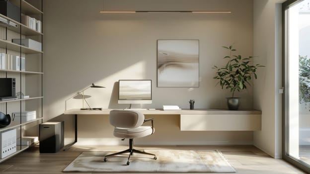 A minimalist work environment with neutral color scheme and minimalist artwork