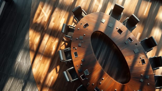 A top-down view of a sleek boardroom with executives discussing quarterly performance
