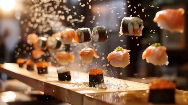 A mesmerizing display of levitating sushi rolls and sashimi