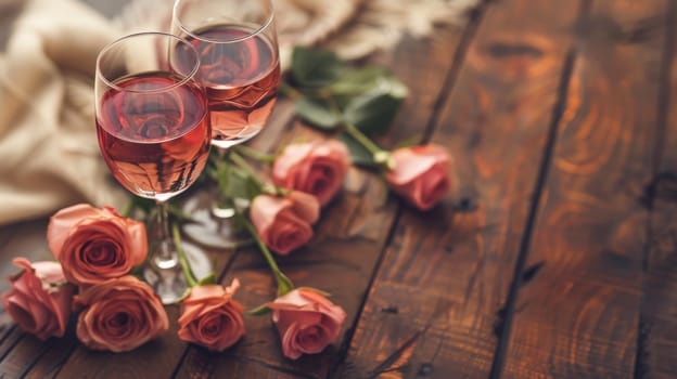 A romantic dinner setup with wine glasses and a bouquet of roses on a rustic wooden table, captured from a high angle