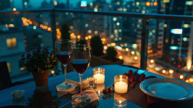A romantic dinner setup with wine glasses and candlelight on a balcony overlooking the city, captured from a high angle