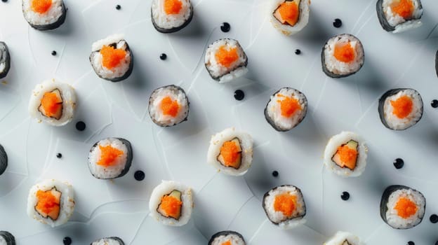 Abstract arrangement of spinning sushi rolls in an abstract pattern