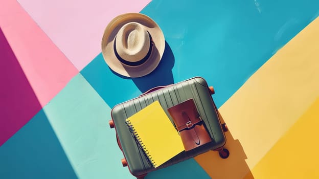 Artistic layout pattern of travel items including a suitcase, hat, and journal against a colorful backdrop.