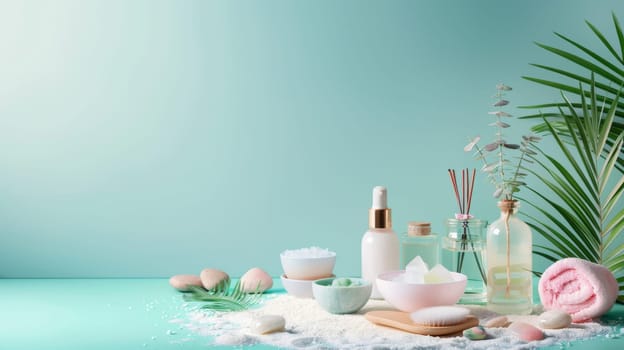 Balanced layout of beauty and wellness items featuring unobtrusive copy area