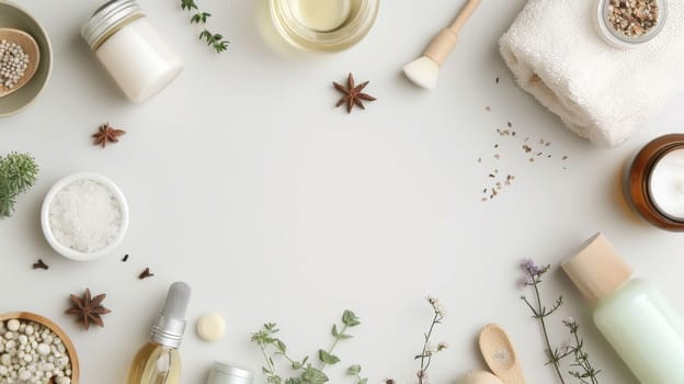 A white background with a variety of herbs and spices, including basil, parsley, and rosemary