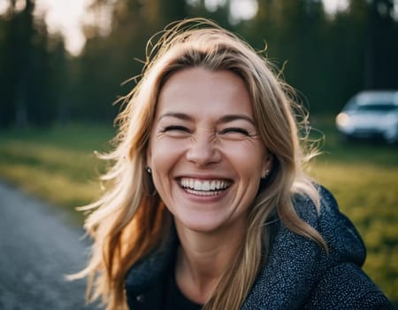 Portrait laughing Caucasian beautiful blond-haired middle-aged woman with straight flowing tousled hair and white teeth. Outdoors. Joy happiness. Positive emotion. European facial type. AI generated.