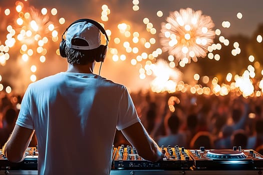 DJ performs at open-air party, mixing records with crowd dancing in background. Fireworks light up night sky, creating vibrant energetic festival vibe. AI generated image