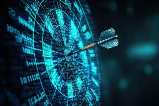 A digital image of a dartboard with a single arrow on it. The image has a futuristic and technological feel to it, with the blue background and the digital nature of the image