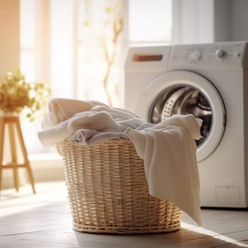 Large wicker basket with light linen in a bright and airy laundry room with a window and washing machine in the background