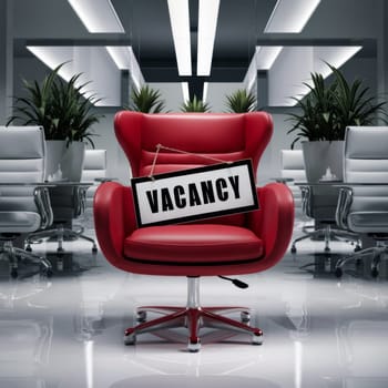 Red armchair with a job posting in a light white office with flowers .Suitable for recruitment campaigns