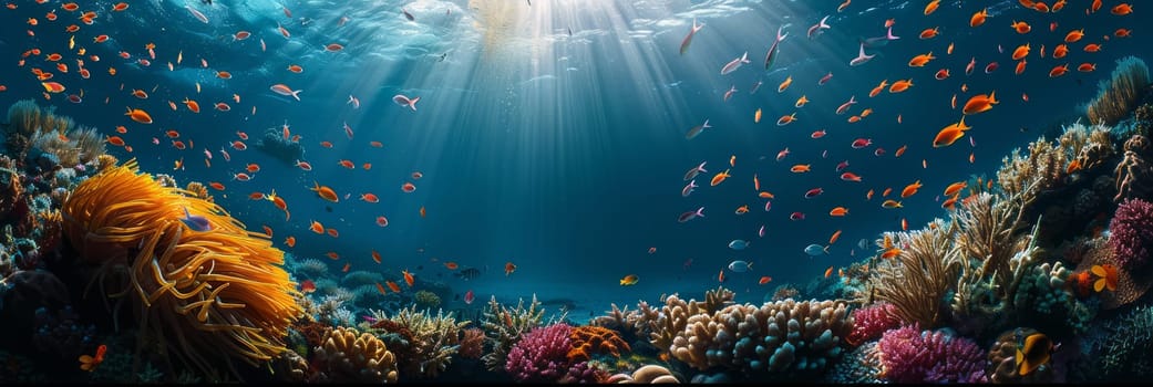 A deep blue ocean with bright coral reefs in the sun's rays visible below the surface, surrounded by schools of colorful fish.
