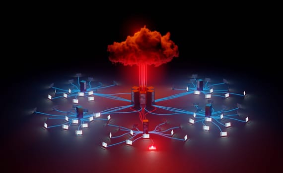 Cloud cybersecurity, compromised network infrastructure concept. Digital 3D rendering.