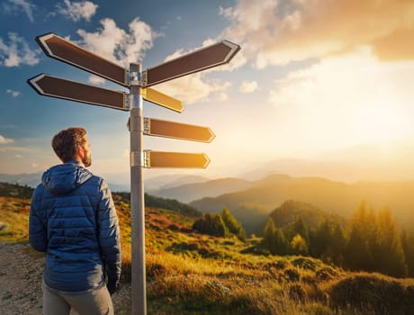 Person stands at crossroad with multiple blank signposts pointing in different directions. Male explorer looks from top of the hill at sunset had to decide which way to choose