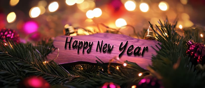 A festive arrangement showcases a wooden sign wishing everyone a Happy New Year surrounded by decorative elements and lights.