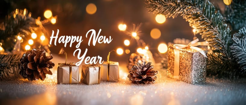 A cozy arrangement featuring gifts and pinecones amidst twinkling lights and greenery celebrating the New Year season with warmth.