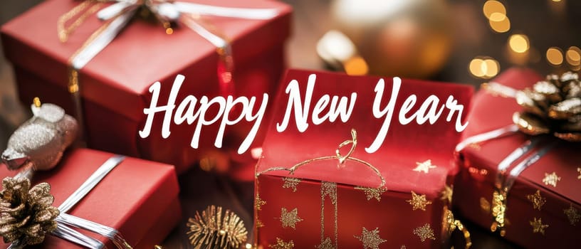 Festively wrapped gifts in red with elegant decorations are placed on a table creating a joyful atmosphere for the New Year celebration.