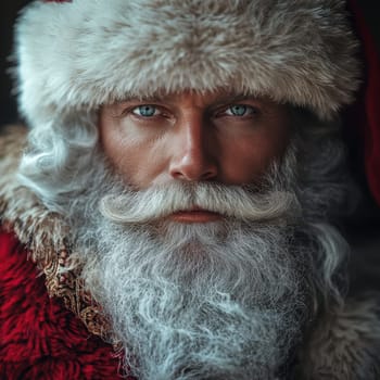 A traditional Santa Claus with long white beard and red attire looks directly at the camera with a warm expression on a winter day.