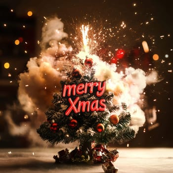 A decorated Christmas tree bursts with colorful fireworks surrounded by wrapped gifts and smoke creating a joyful holiday atmosphere.