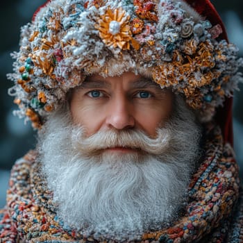 A man with a snowy beard wears a vibrant floral headdress in a winter setting showcasing holiday spirit and joy in the air.