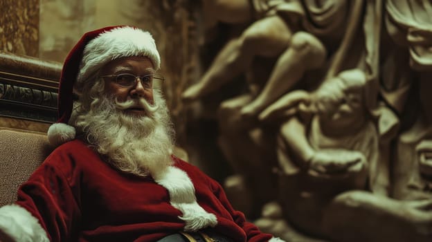A jolly Santa Claus relaxes in a warm atmosphere surrounded by intricate sculptures celebrating the holiday spirit with joy.