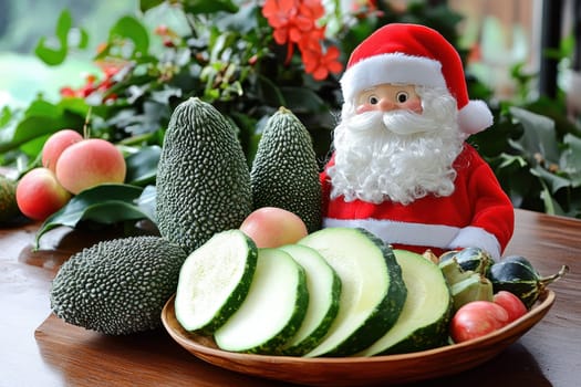 A festive Santa Claus doll sits next to a platter of fresh vegetables and fruits creating a cheerful holiday atmosphere.