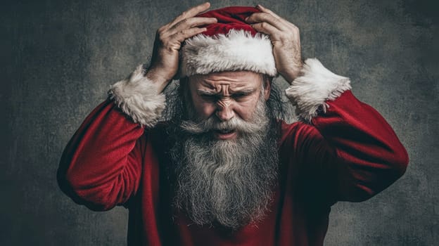 A bearded man dressed as Santa Claus appears frustrated holding his head while in a festive setting.