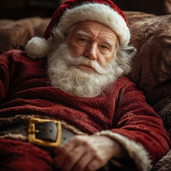 An older man dressed as Santa Claus lounges comfortably indoors exuding a warm and festive spirit during the holiday season.