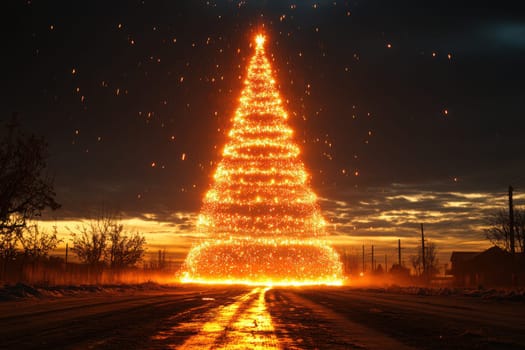 An enormous illuminated Christmas tree stands bright against a darkened winter sky radiating warmth and festive cheer.