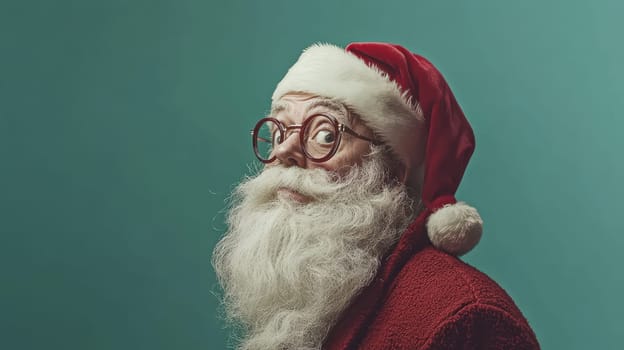 A jolly figure with a white beard and red hat glances over his shoulder exuding holiday spirit and cheer during the festive season.