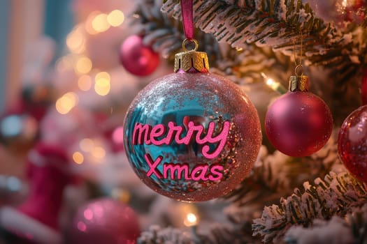 A beautifully decorated Christmas tree features a shiny ornament with the text Merry Xmas in vibrant pink against a sparkly background.