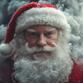A cheerful Santa Claus is surrounded by wisps of snow displaying a joyful expression that embodies the spirit of the holidays.