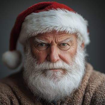 An older man with a thick white beard and Santa hat gazes intensely conveying both wisdom and warmth during the holiday season.