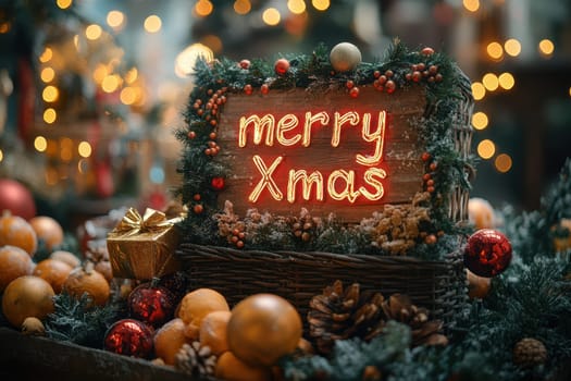A beautifully arranged Christmas display features a sign that says Merry Xmas surrounded by ornaments and festive greenery.