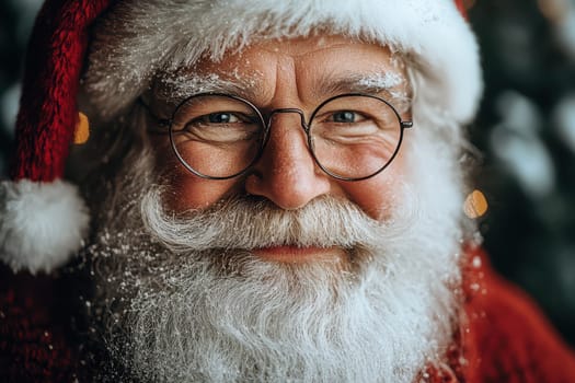 A joyful Santa Claus with a bushy white beard and round glasses radiating warmth and festive cheer during the holiday season.