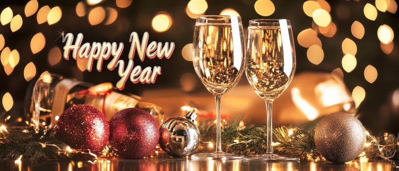 Two elegant champagne glasses are ready for a new year celebration surrounded by festive ornaments and twinkling lights.