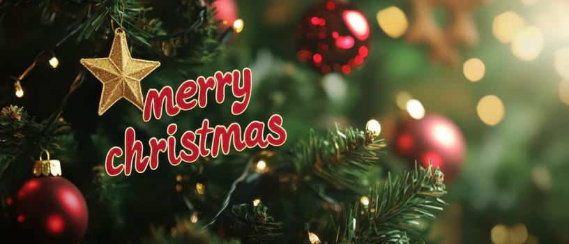 A closeup view of a decorated Christmas tree featuring ornaments and a golden star with a festive message for the holiday season.
