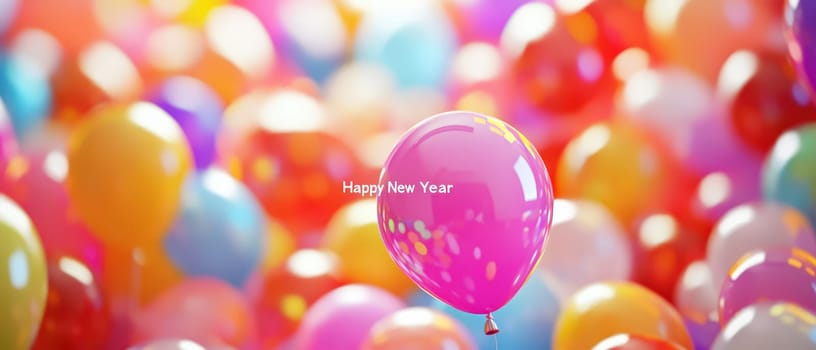 A vibrant display of balloons in various colors fills the background as a pink balloon with a festive message floats above the crowd.