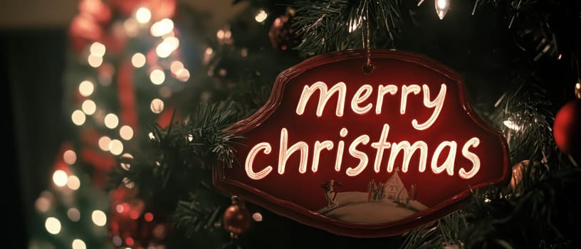 A decorative sign reading Merry Christmas is prominently displayed on a Christmas tree adorned with colorful ornaments and lights.