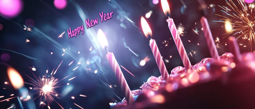 Colorful candles atop a cake glow brightly as fireworks burst in the background celebrating the New Year with joy and excitement.