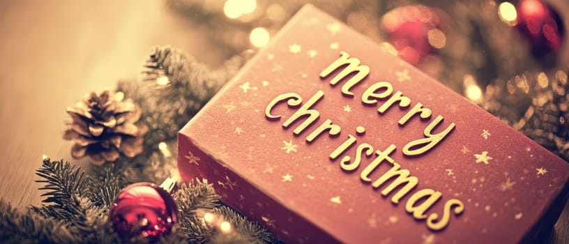 A red Christmas gift box sits among pine branches and ornaments conveying a warm holiday spirit in a cozy setting.