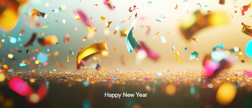 Colorful confetti showers down joyfully to celebrate the arrival of the New Year with sparkling lights reflecting below.