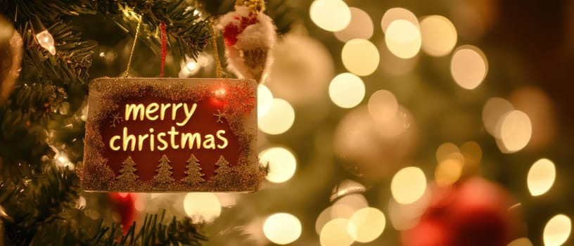 A cheerful ornament hangs from a Christmas tree among glowing lights spreading holiday joy and creating a warm atmosphere.