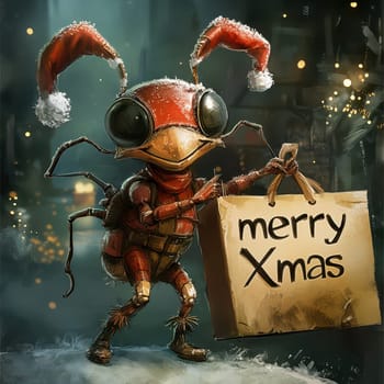 A cheerful ant wearing a red Santa hat holds a sign that wishes everyone a Merry Christmas set in a festive backdrop.