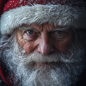 An elderly man with a long snowy beard wears a festive red hat showcasing a serious expression in a cold winter setting.