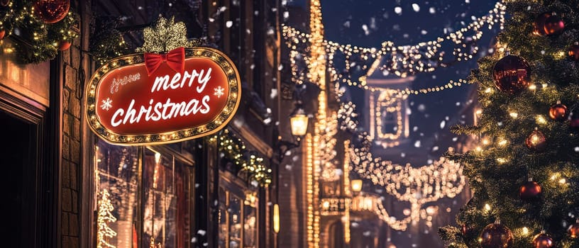 A charming street is illuminated with festive lights and a Merry Christmas sign creating a joyful holiday atmosphere amidst falling snow.