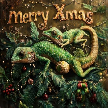 Two vibrant green lizards are nestled among holiday decorations celebrating Christmas with joy and charm in a festive setting.